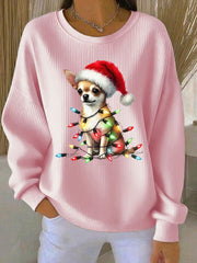 Women's Chihuahua Christmas Ribbed Round-Neck Sweatshirt
