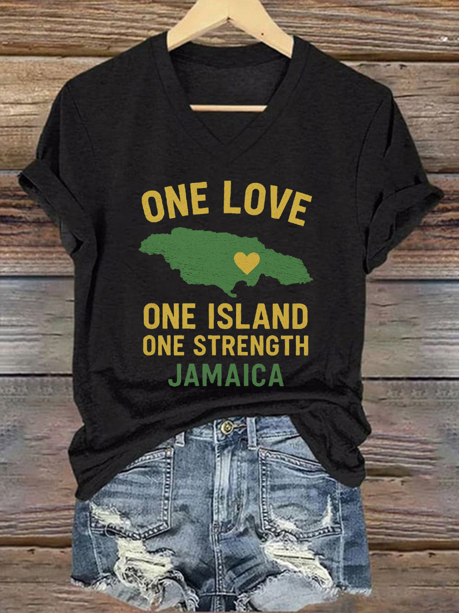 Women's Hurricane Melissa One Love One Island One Strength Jamaica V-Neck Tee