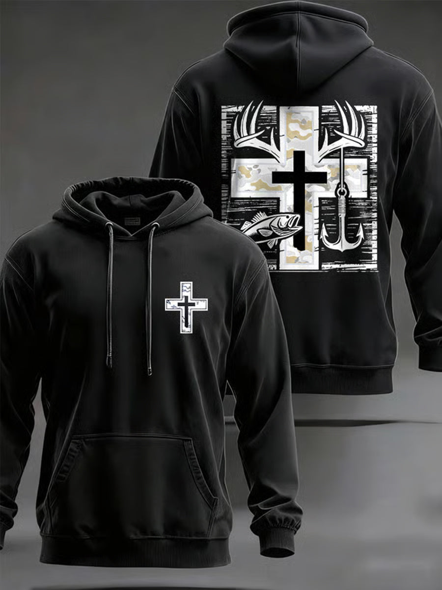 Men's Retro Faith Fishing Hunting Print Hooded Sweatshirt