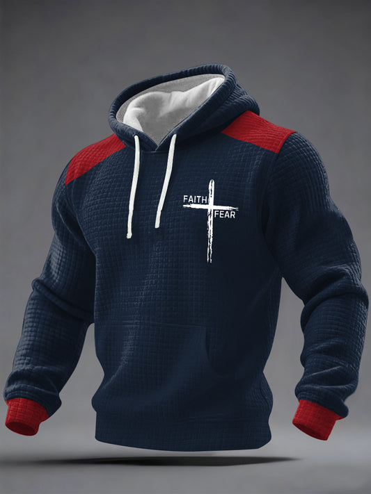 Men's Faith Over Fear Print Casual Checkered Hoodie