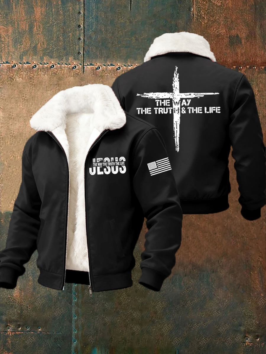 Men's Jesus The Way The Truth The Life Cross Fur Collar Zip-Up Jacket