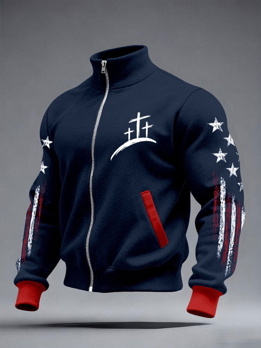 Men's Cross Print Casual Zip-Up Top