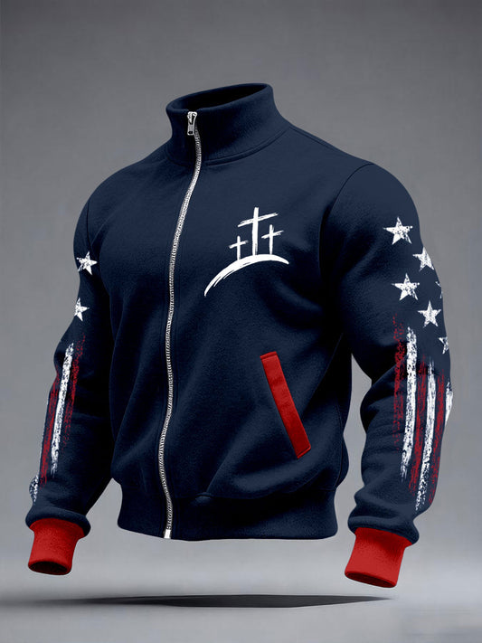 Men's Cross Print Casual Zip-Up Top