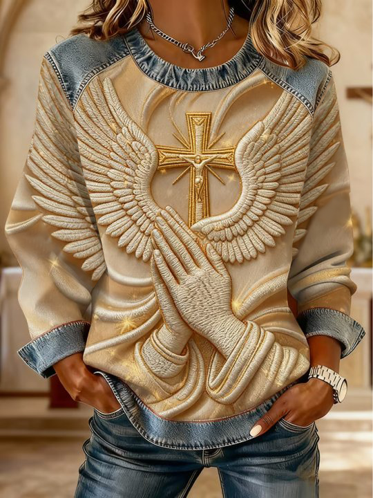 Women's Faith Cross Art Denim Patchwork Top