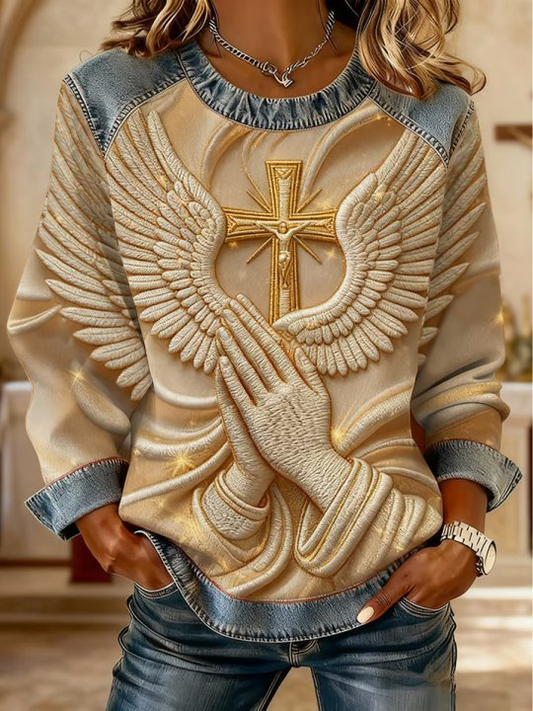 Women's Faith Cross Art Denim Patchwork Top