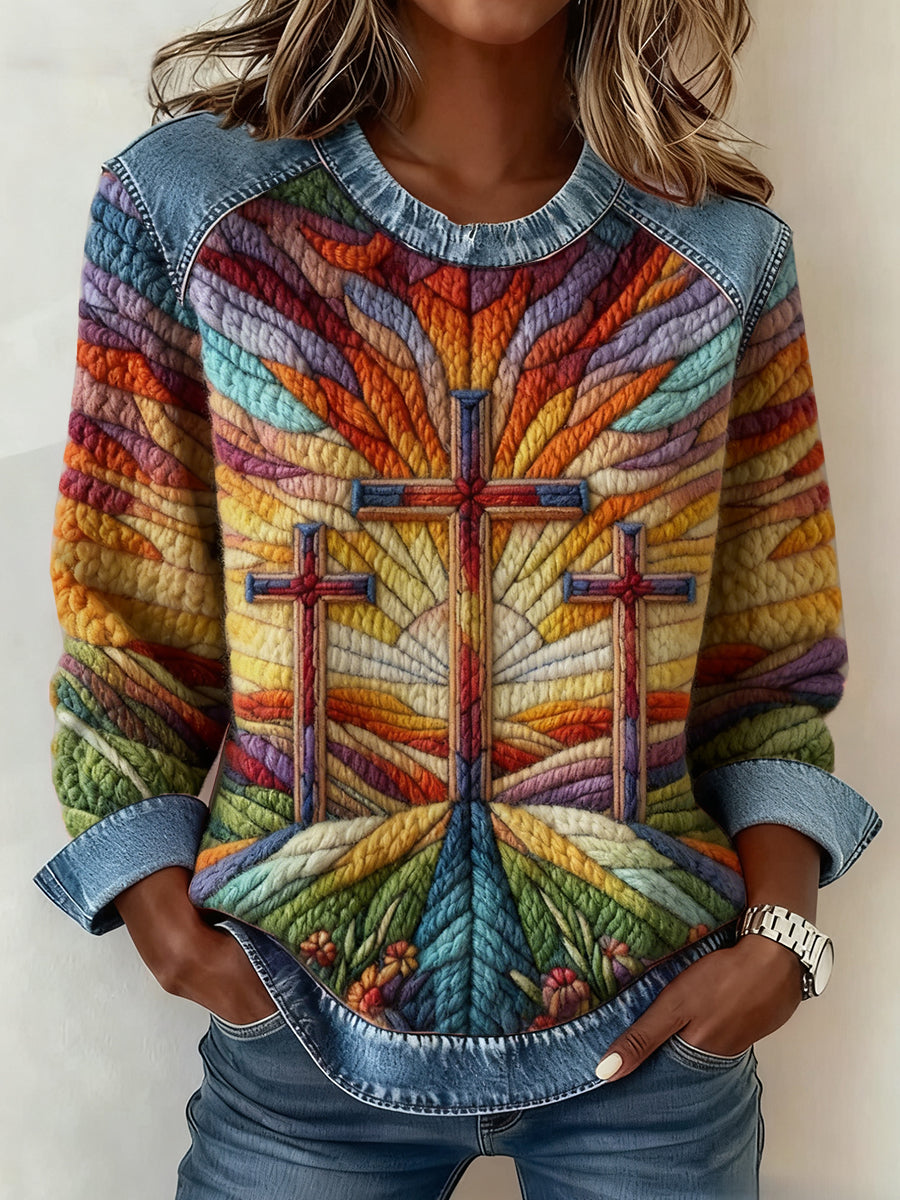 Women's Faith Cross Art  Denim Patchwork Top