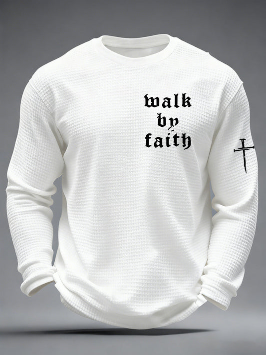 Men's Christian Walk By Faith Cross Print Waffle Long Sleeve T-Shirt