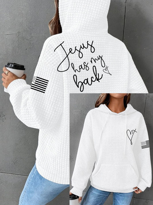 Women's Jesus Has My Back Cross Faith USA Flag Print Casual Waffle Hoodie