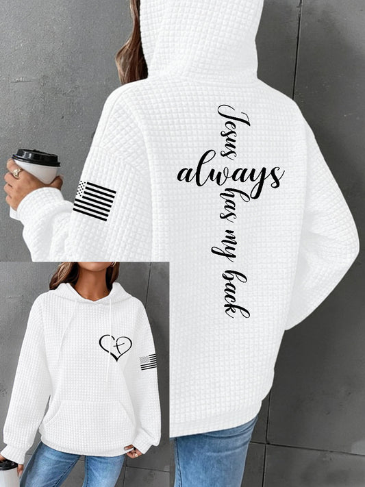 Women's Jesus Has My Back Cross Faith USA Flag Print Casual Waffle Hoodie