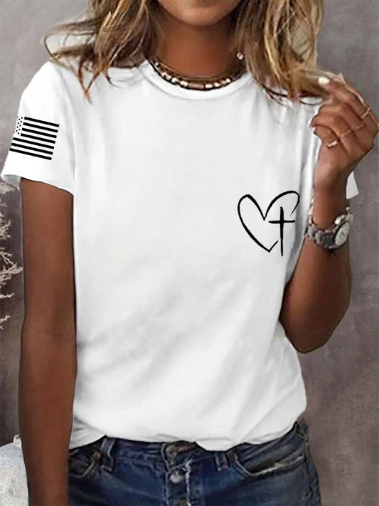 Women's Jesus Always Has My Back Cross Faith USA Flag Print Casual Tee