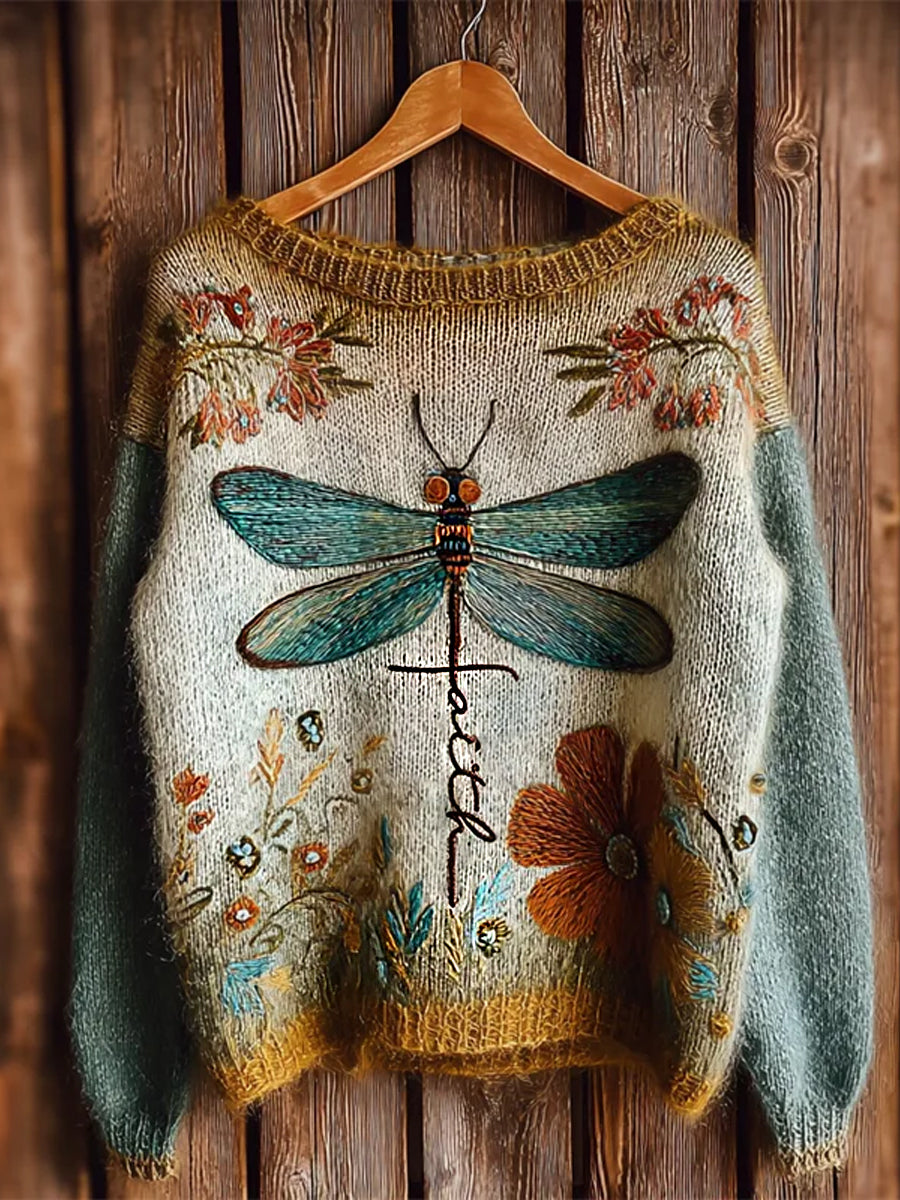 Women's Faith Cross Dragonfly Floral Crew Neck Sweater