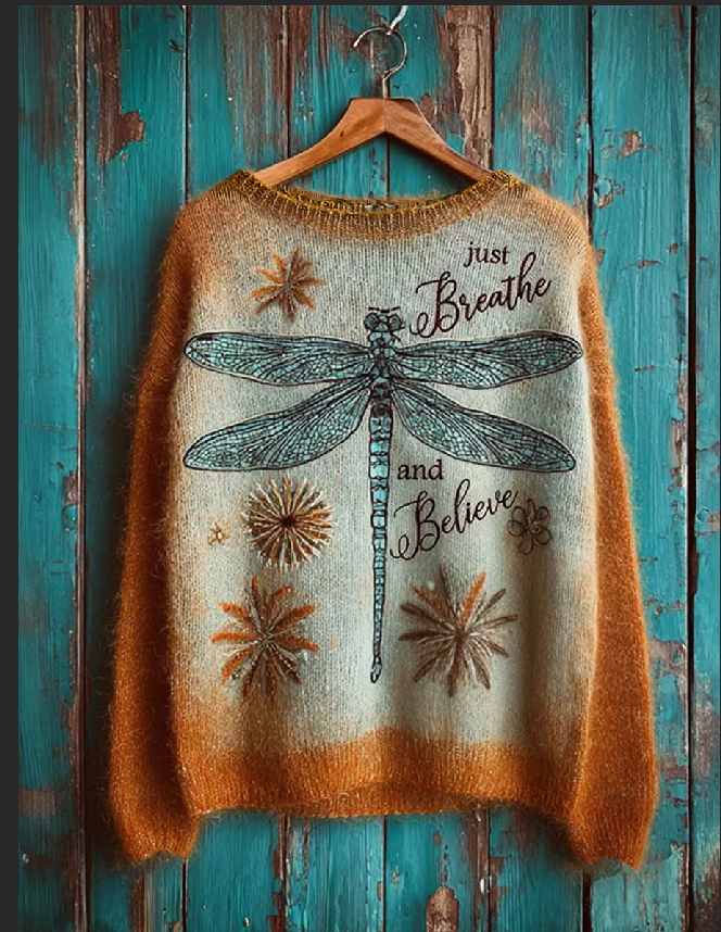 Women's Christian Just Breathe And Believe Dragonfly Floral  Crew Neck Sweater