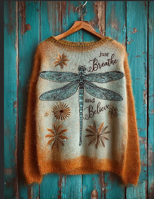 Women's Christian Just Breathe And Believe Dragonfly Floral  Crew Neck Sweater