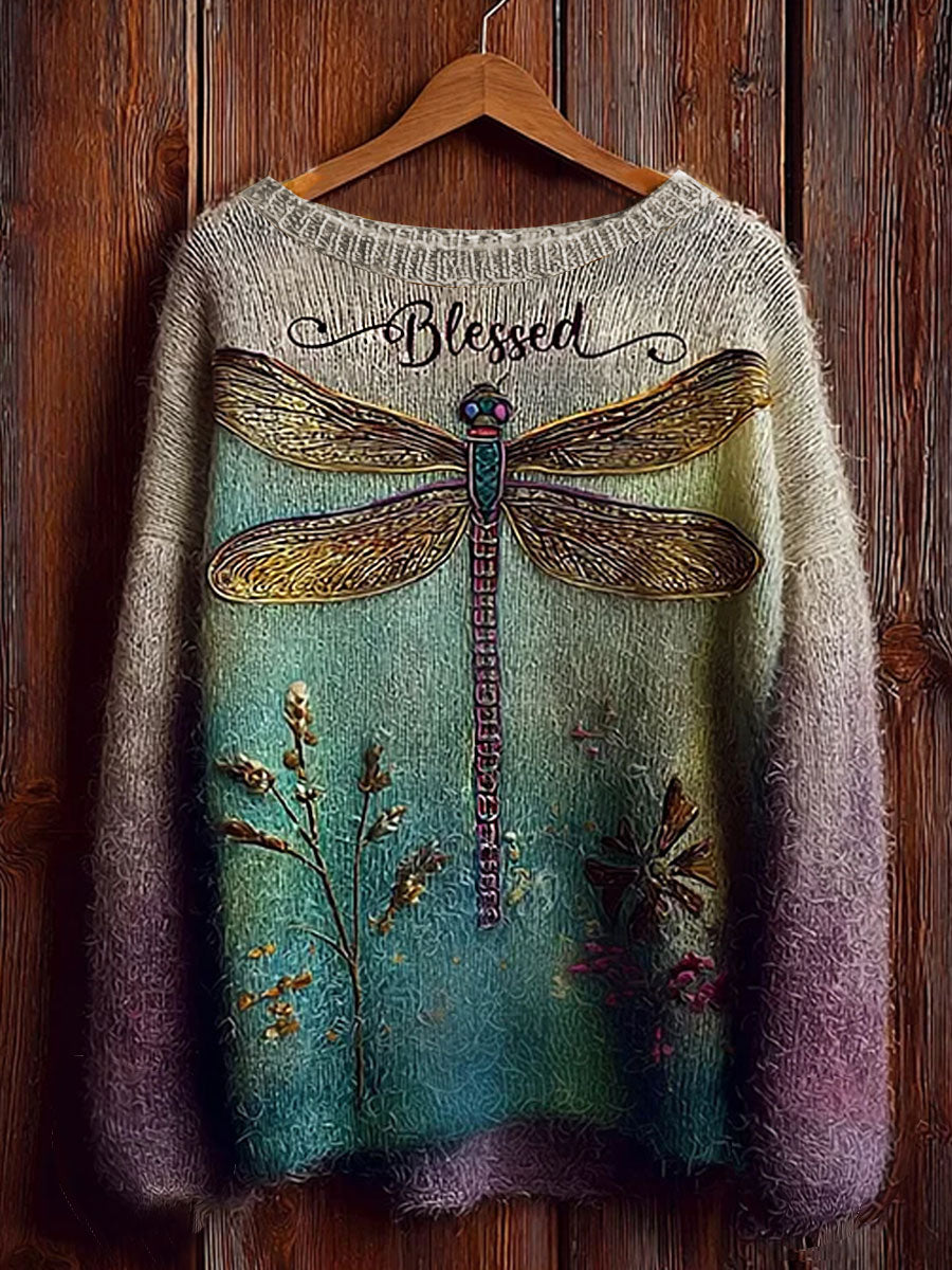 Women's Christian Blessed Dragonfly Floral Crew Neck Sweater