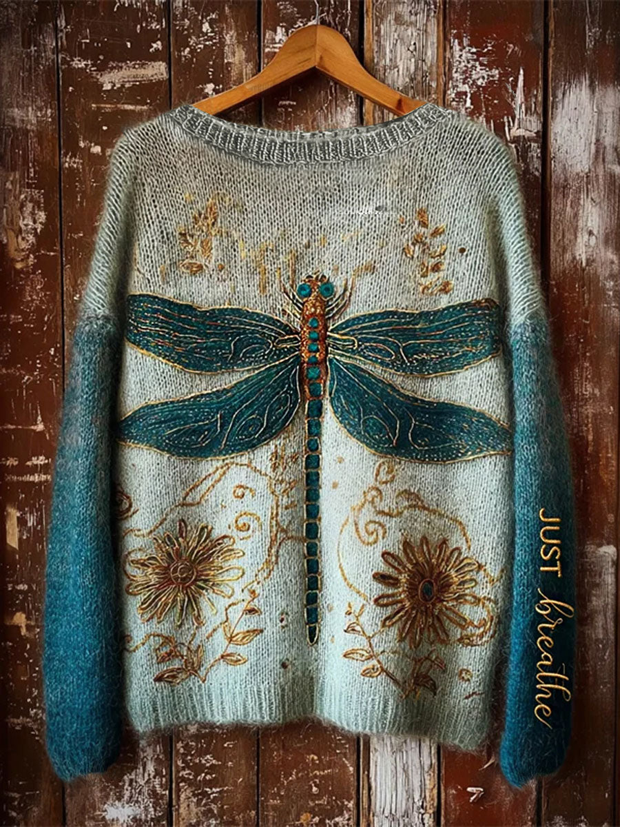 Women's Christian Just Breathe Dragonfly Floral Crew Neck Sweater