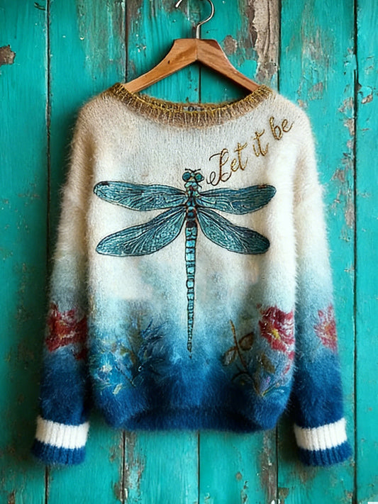 Women's Christian Let It Be  Dragonfly Floral Crew Neck Sweater