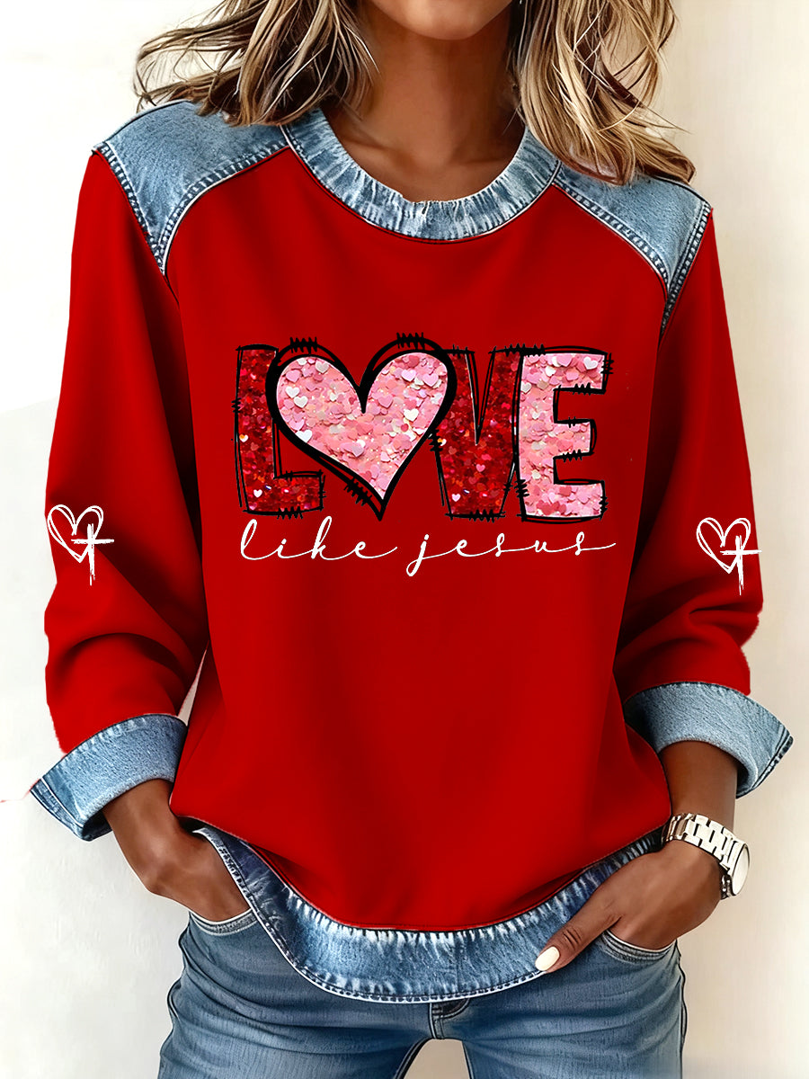 Women's Valentine's Day Love Like Jesus Denim Patchwork Top