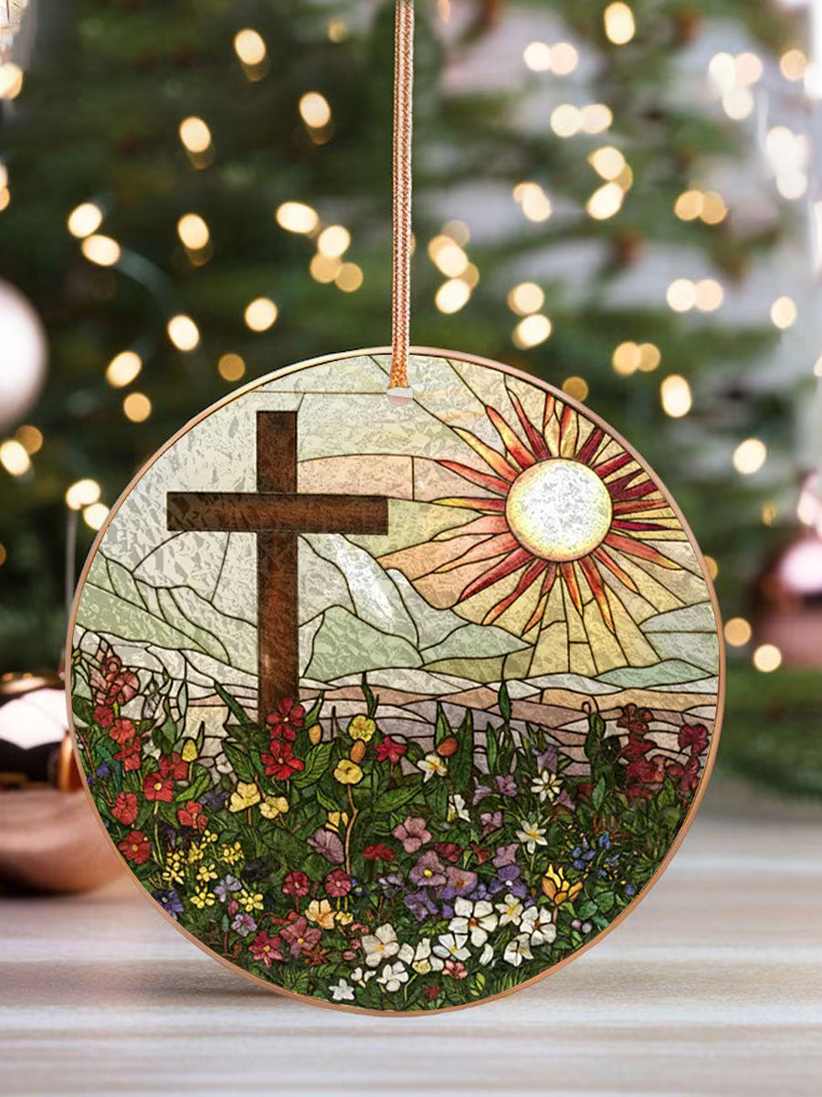 Christian Cross And Wild Flower Printed Acrylic Decorative Ornament