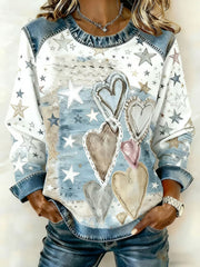 Women's Valentine's Day Retro Love Heart  Print Denim Patchwork Top
