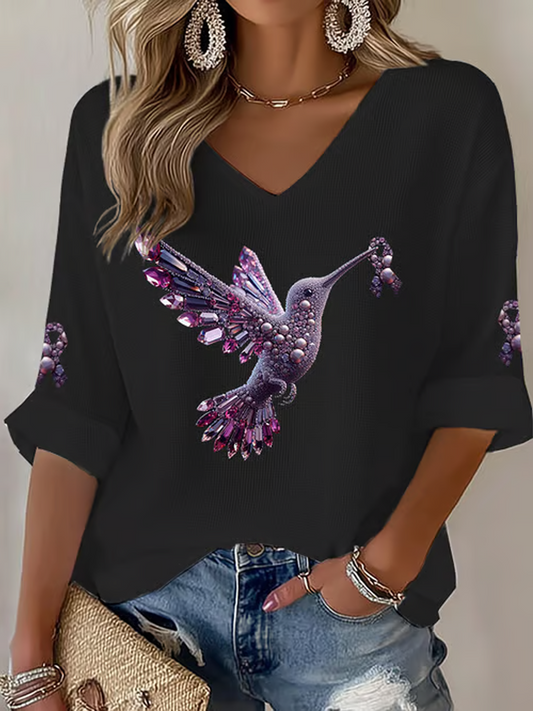 Women's  Hummingbird Print Casual Waffle T-shirt