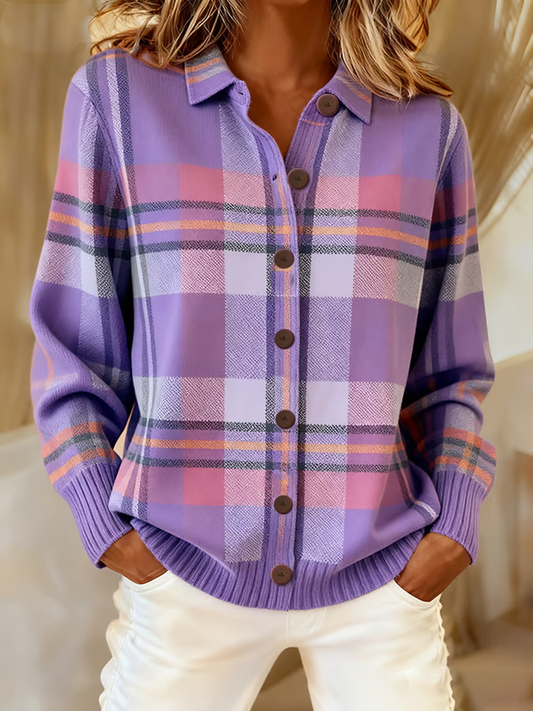 Women's Casual Purple Plaid Knitted Cardigan