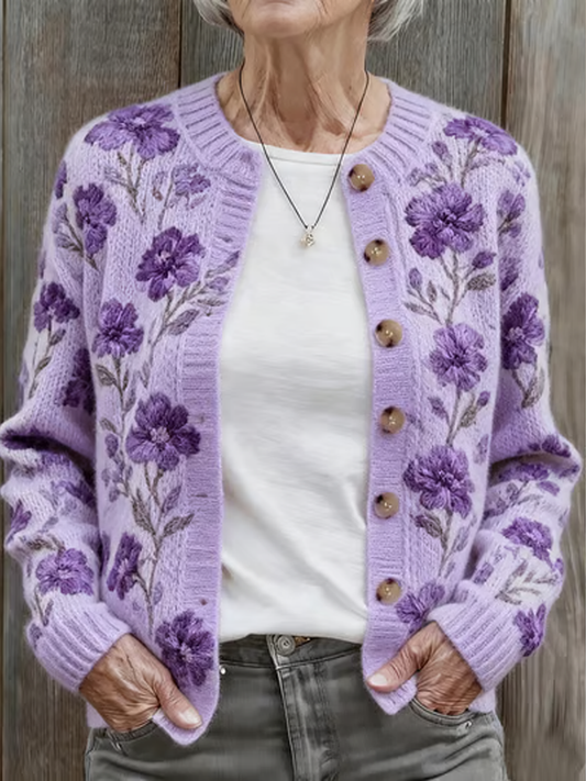 Women's Autumn and Winter Purple Floral Comfortable Warm Sweater Cardigan