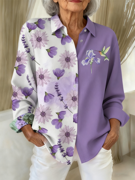 Women's Casual Purple Hummingbird Textured shirts