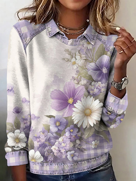 Women's Purple Floral Patchwork Top