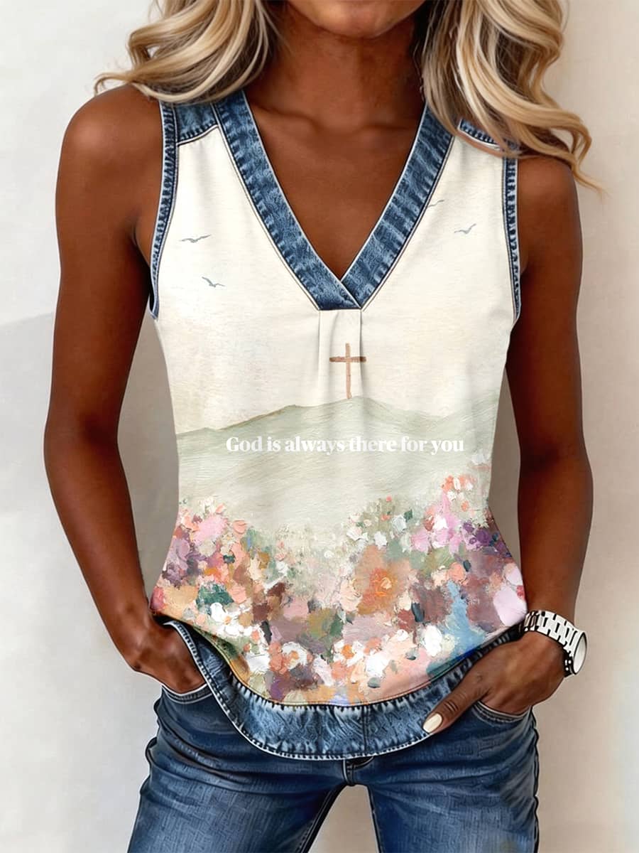 Women's Christian Faith Art Print Denim Patchwork Top