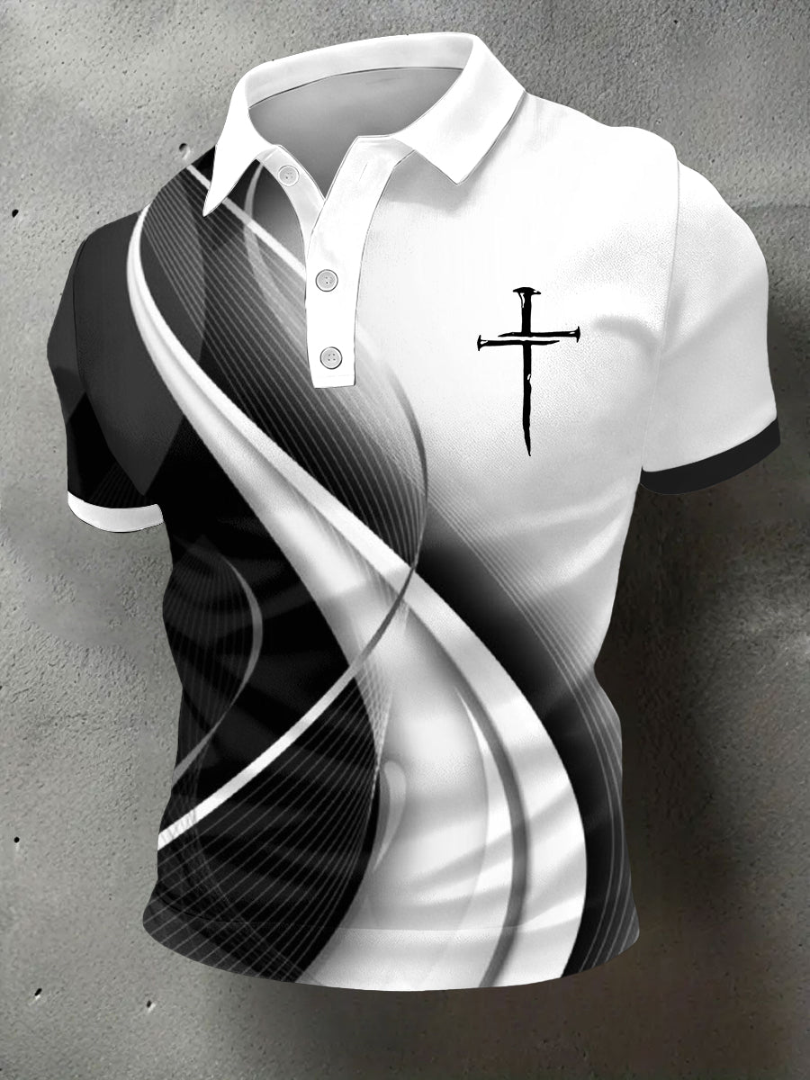 Men's Christian Cross Art Waves Print Casual Polo