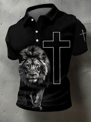 Men's Christian Cross Lion Print Casual Polo