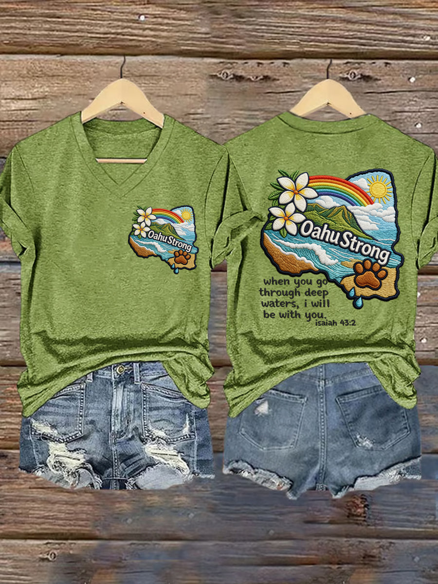 Women's Hawaii Flood Oahu Strong When You Go Through Deep Waters, I Will Be With You. Isaiah 43:2 Print V-Neck Tee