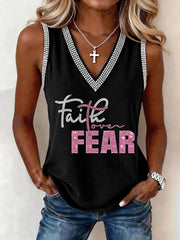 Women's Faith Over Fear Rhinestone Pattern V-Neck Tank Top