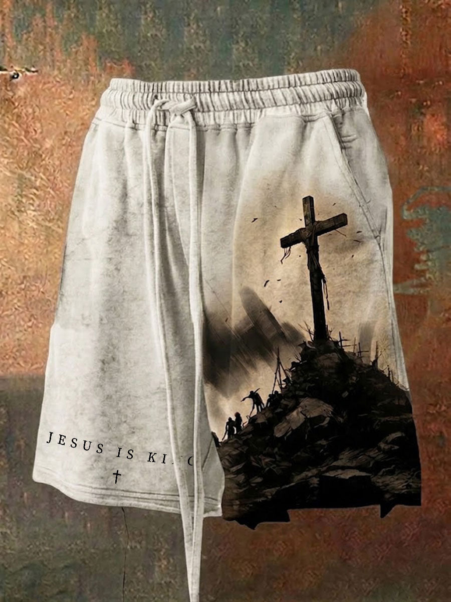 Men's Faith Cross Jesus Is King Printed Shorts