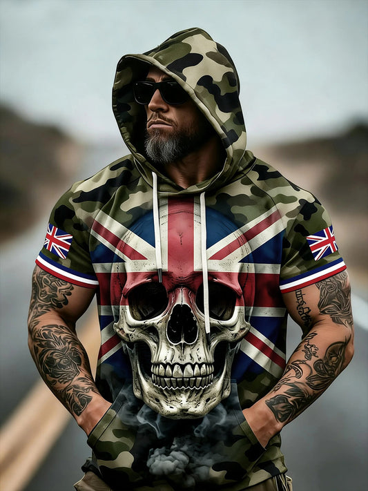 Men's British Veteran Silhouette Skull Camouflage Print Casual Short Sleeve Hoodie