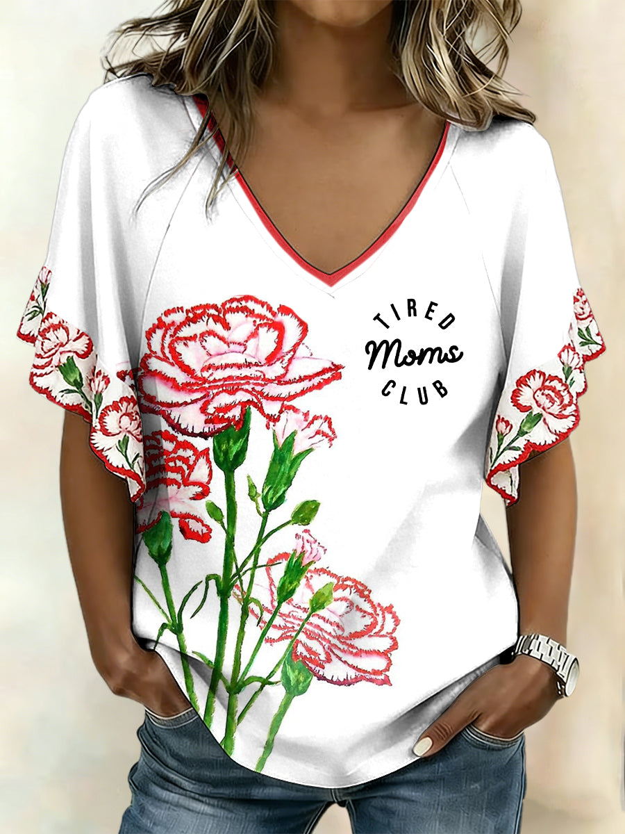 Women's Carnation Floral Art Mother's Day Printed T-Shirt