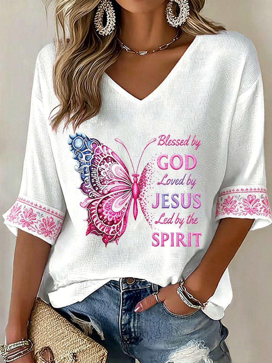 Women's Blessed By God Loved By Jesus Led By The Spirit Waffle Print Casual T-Shirt