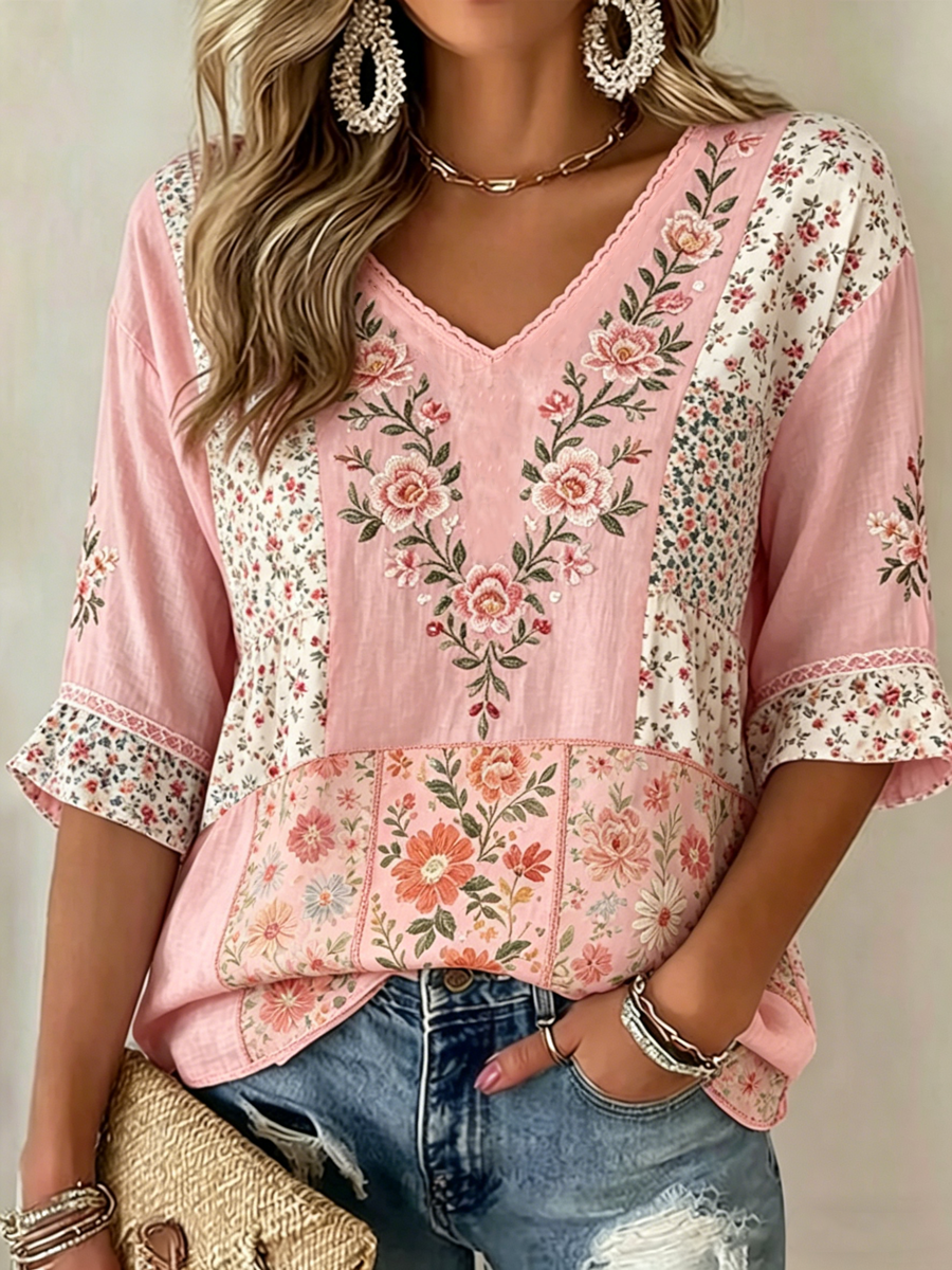 Women's Floral Print Mid-length Sleeves V-Neck T-Shirt