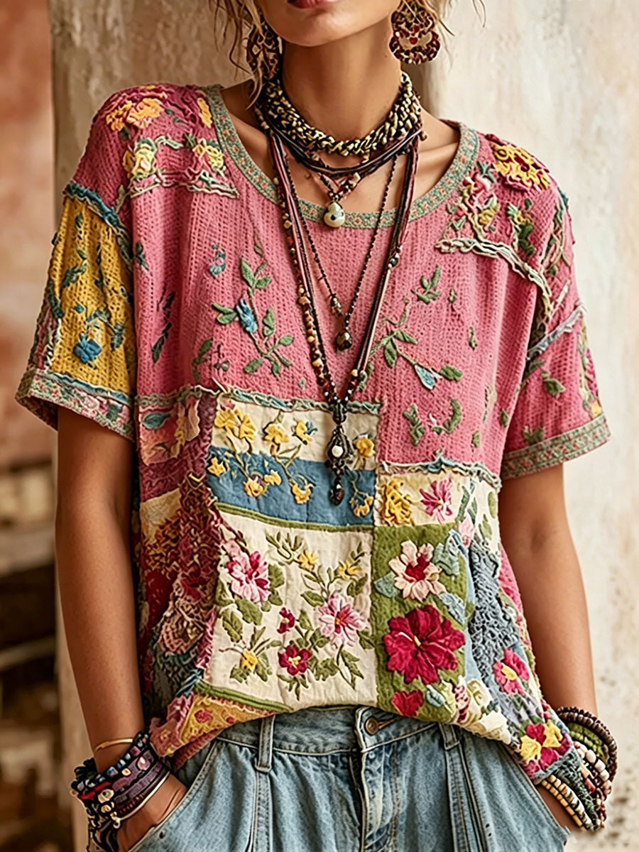 Women's Pink Floral Print Casual T-Shirt