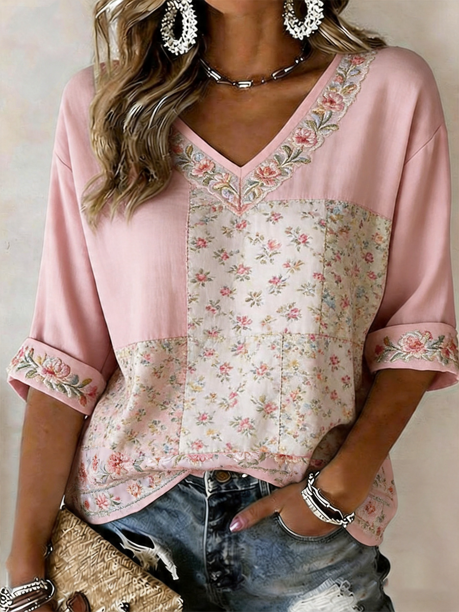 Women's Pink Floral Print linen short-sleeved T-shirt