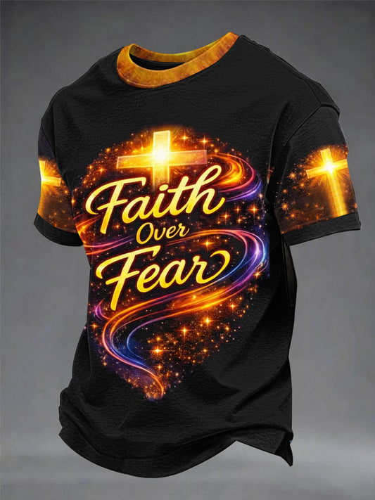 Men's Christian Cross Faith Over Fear  Print Short Sleeve T-shirt