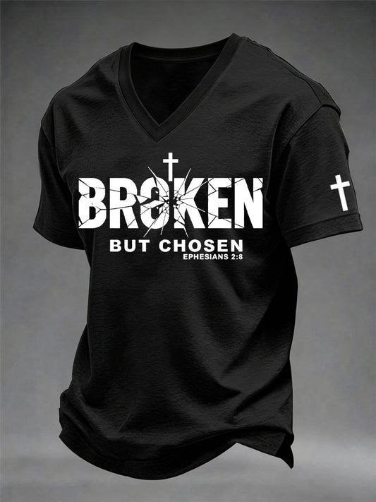 Men's Christian Cross Broken But Chosen Print V-Neck Tee