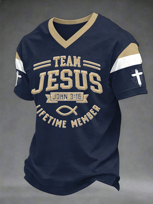 Men's Team Jesus Lifetime Member Print Casual V-Neck Tee