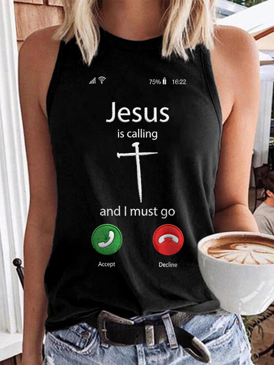 Women's Funny Christian Jesus Is Calling And I Must Go Print Casual Vests
