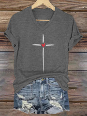 Women's Christian Cross Print V-Neck Tee