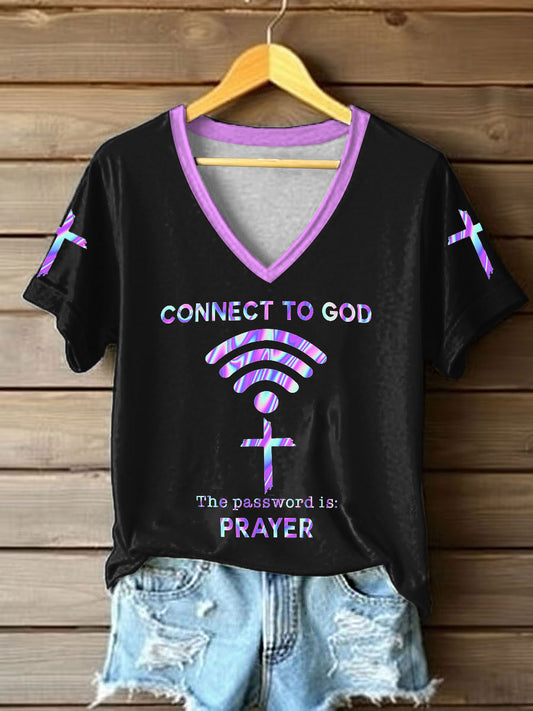 Women's "Connect To God,The Password IS Prayer" Print Casual short-sleeved T-shirt