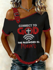 Women's "Connect To God,The Password IS Prayer" Off-the-Shoulder Short-Sleeve T-Shirt