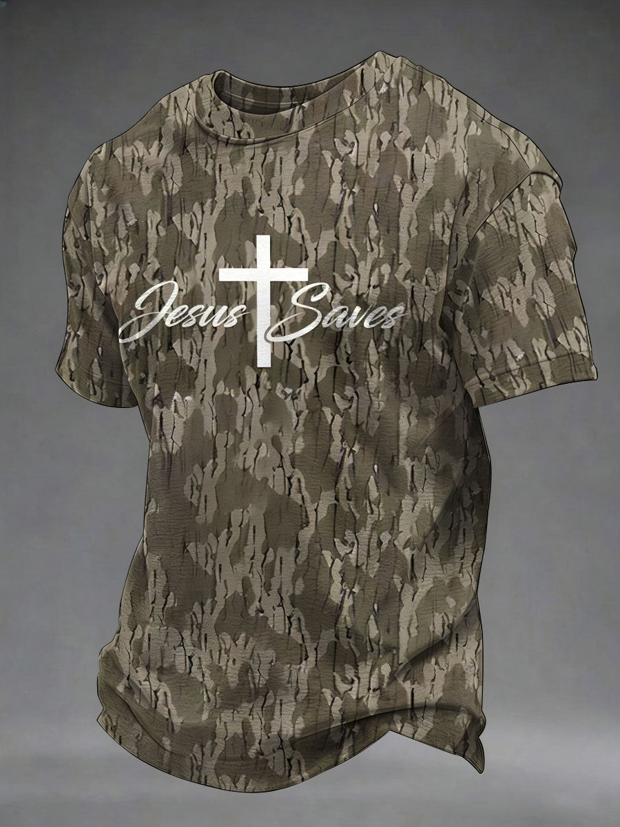 Men's Camouflage Jesus Saves Print Casual T-Shirt