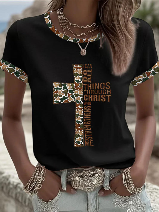 Women's Camouflage Cross Print Casual T-shirt