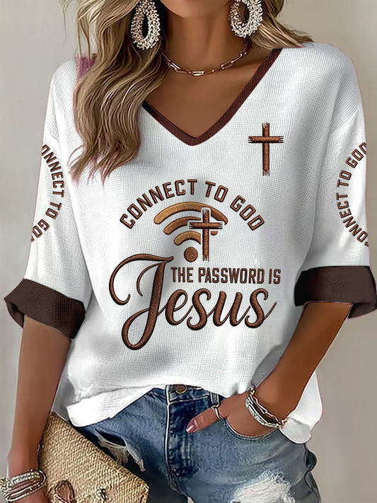 Women's "Connect To God,The Password IS Prayer" Print Casual Waffle T-shirt